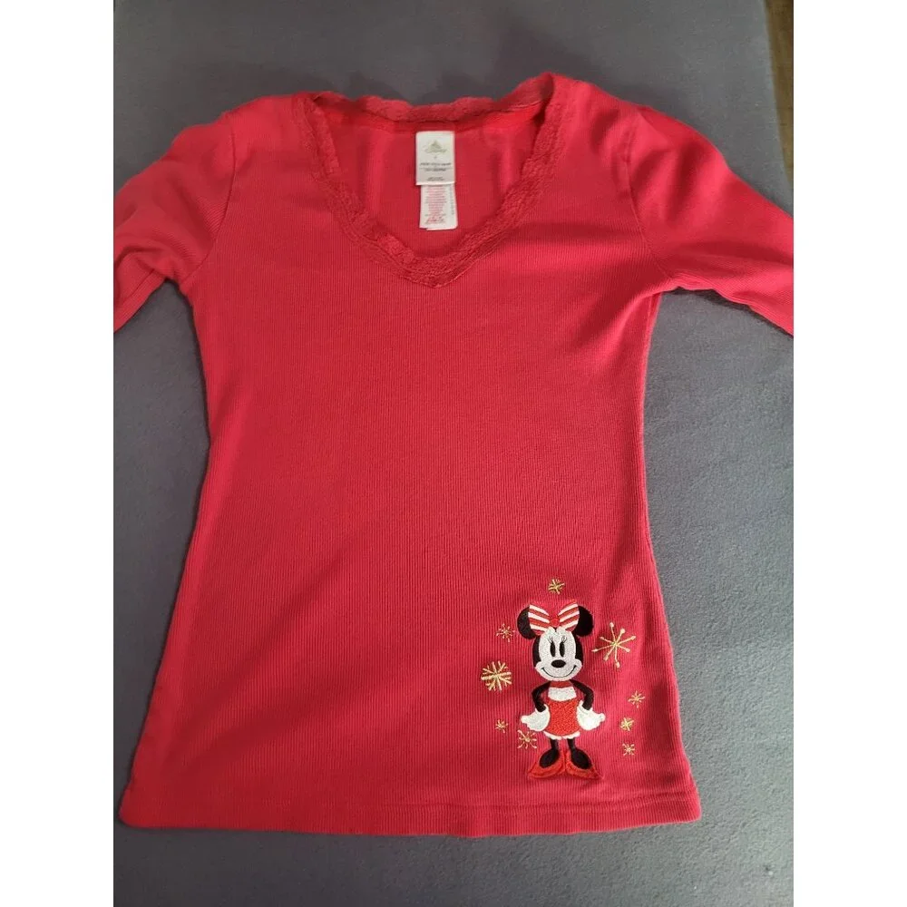 VTG Minnie Mouse Disney Long Sleeved V Neck Ribbed Thermal Embroidered y2k SZ SM - Picture 8 of 10